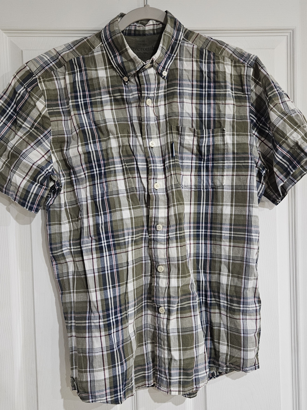 Abercrombie & Fitch Olive and White Plaid Short-Sleeve Button-Down